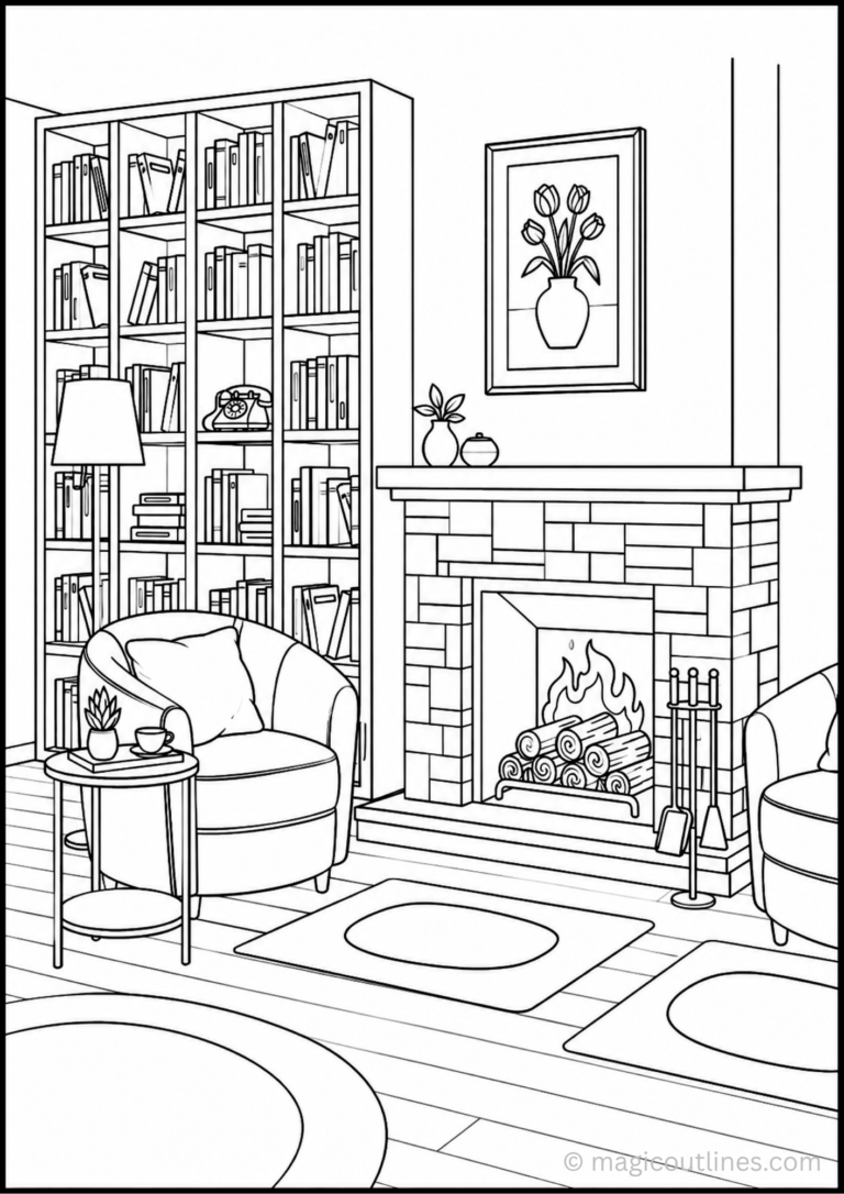 Cozy living room coloring page with fireplace, bookshelf, armchair, rug, and home décor.