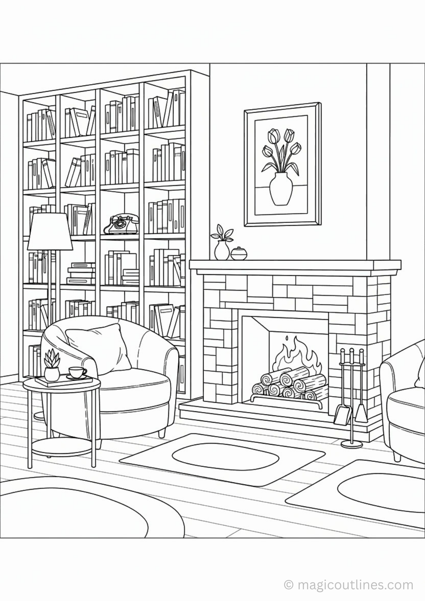 cozy living room coloring page with fireplace bookshelf and armchairs