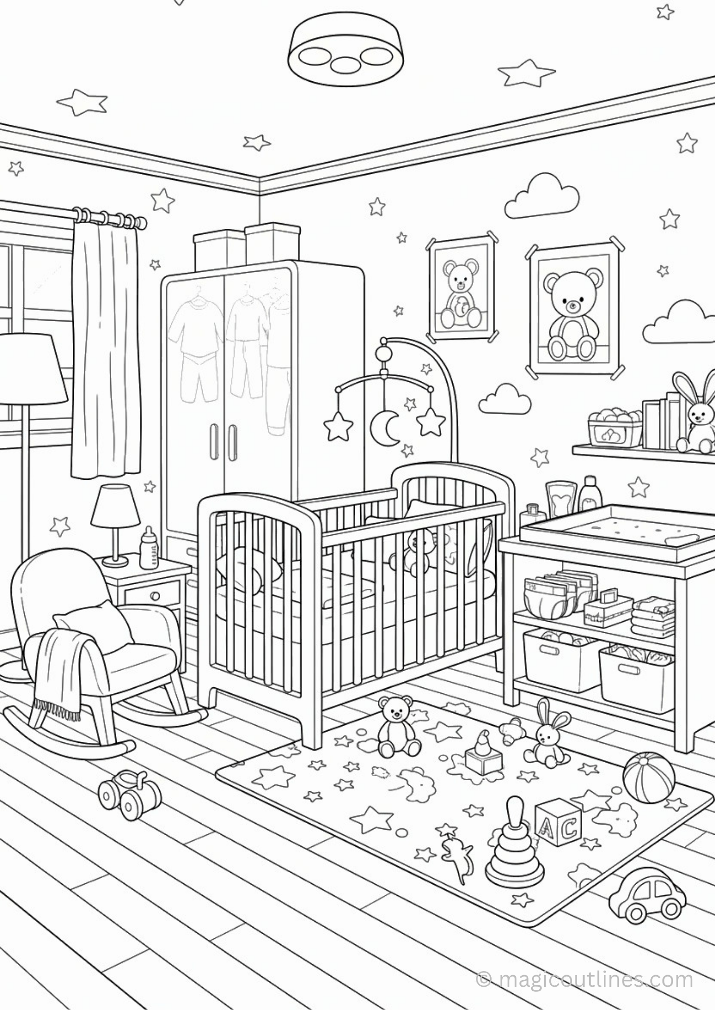 cute nursery room coloring page with crib toys and baby decor