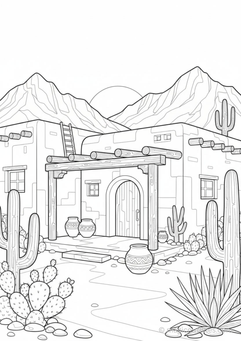Desert adobe house coloring page with cactus plants, mountains, pottery, and printable line art design.