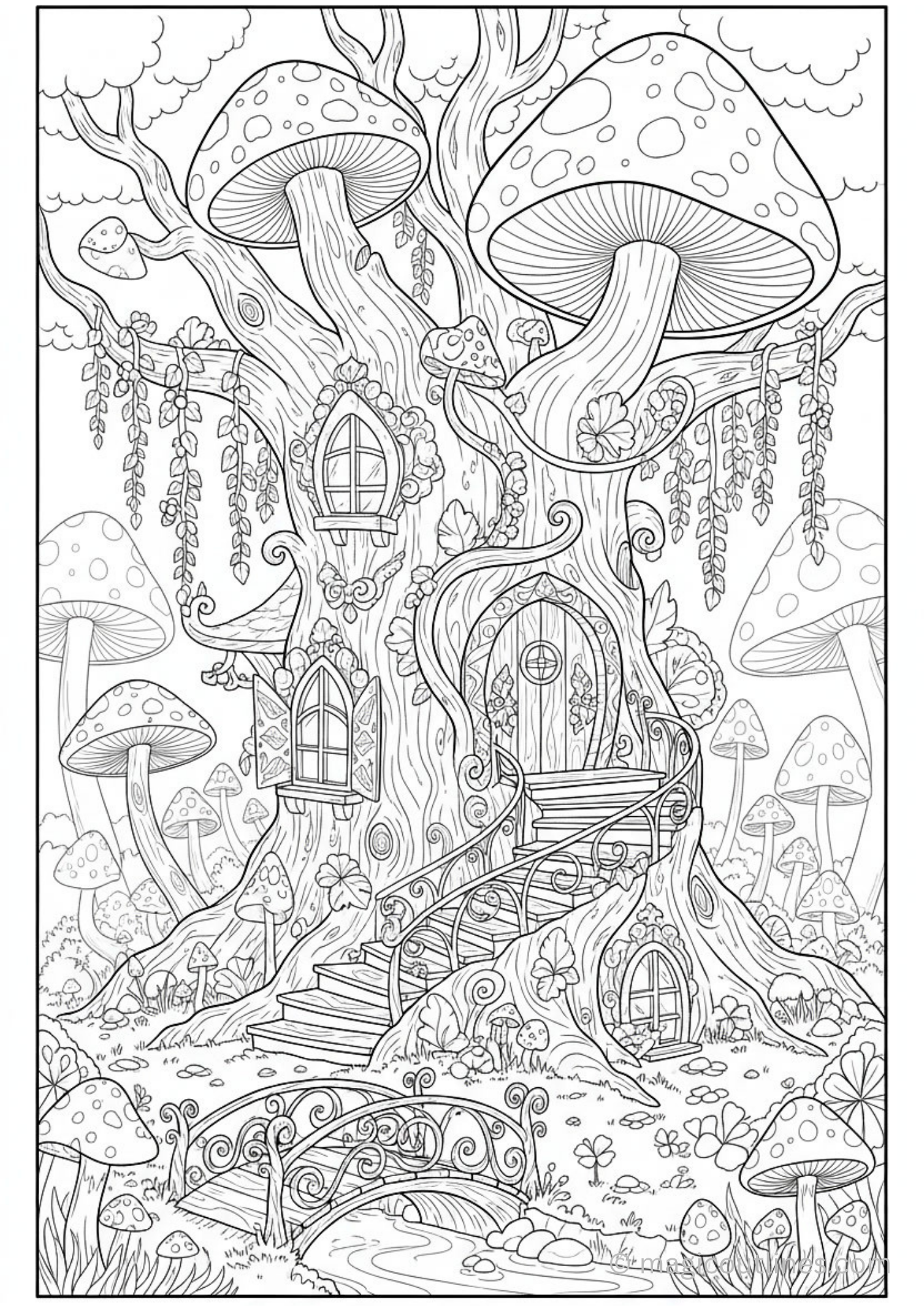Fantasy elf tree house coloring page with giant mushrooms and magical forest details