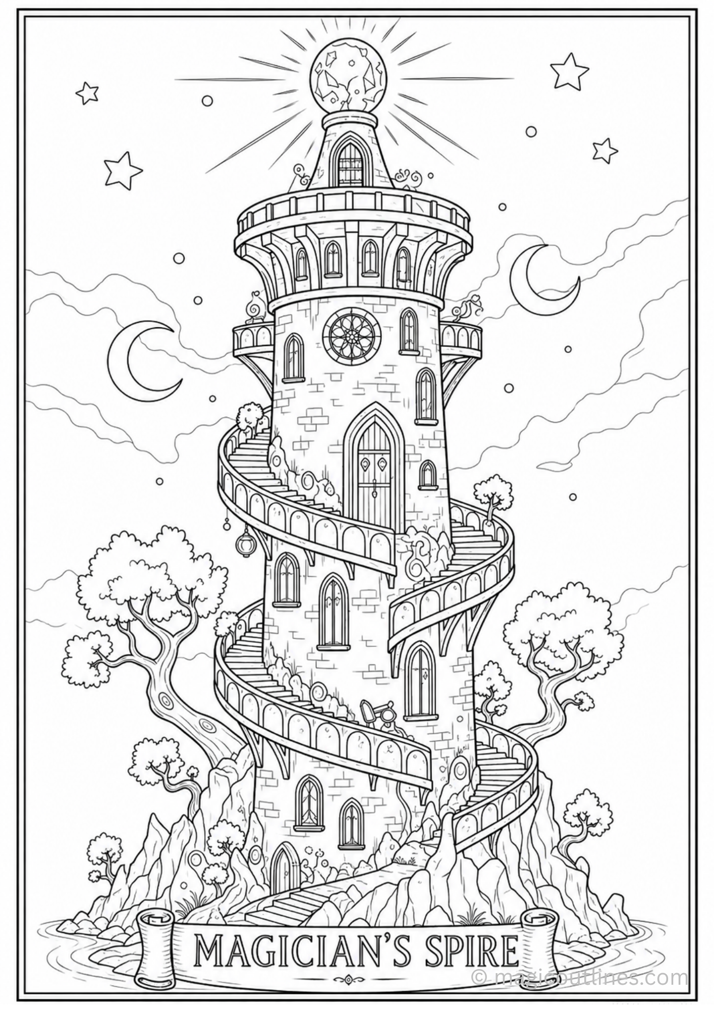 Fantasy wizard tower coloring page with spiral staircase and magical night sky