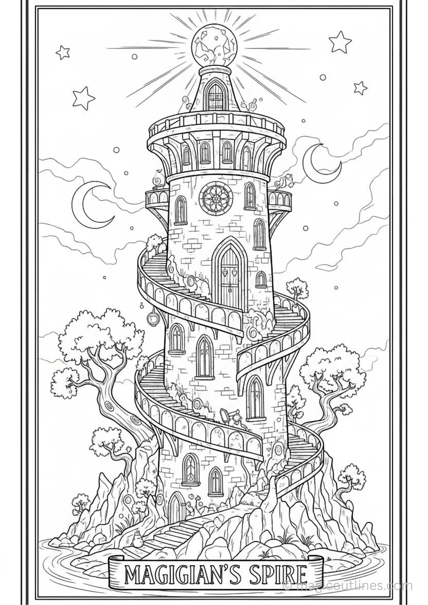 Fantasy wizard tower coloring page with spiral staircase and magical night sky