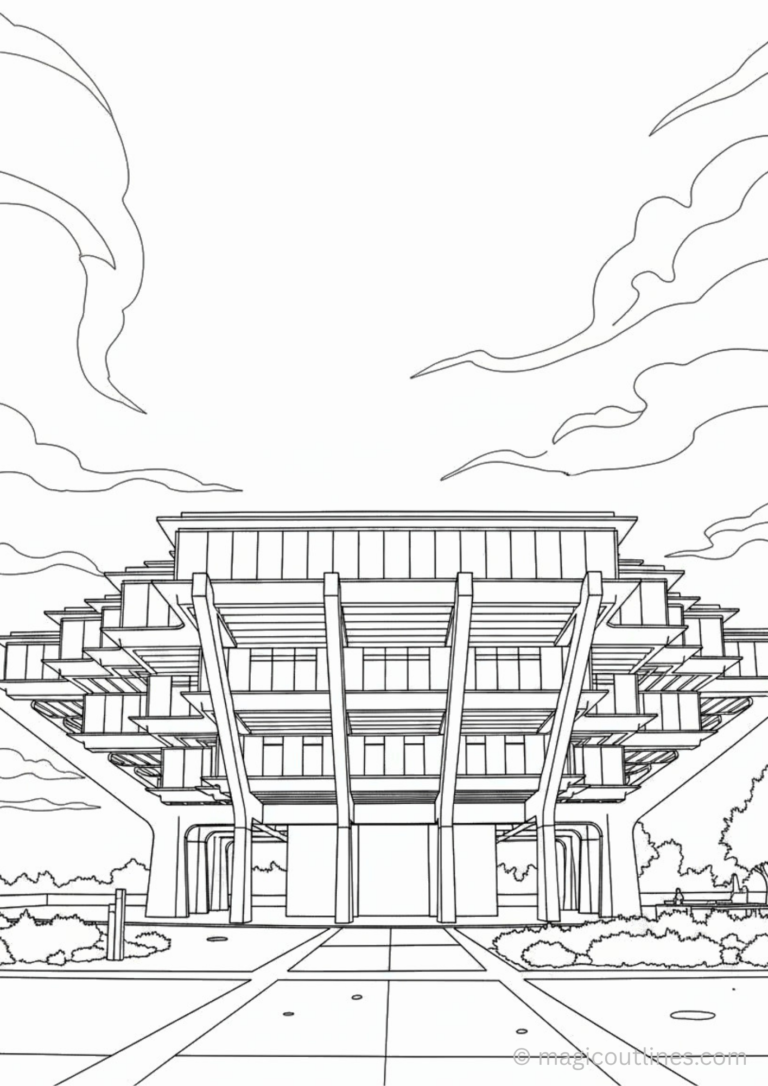 Geisel Library coloring page featuring modern futuristic architecture and detailed printable line art.