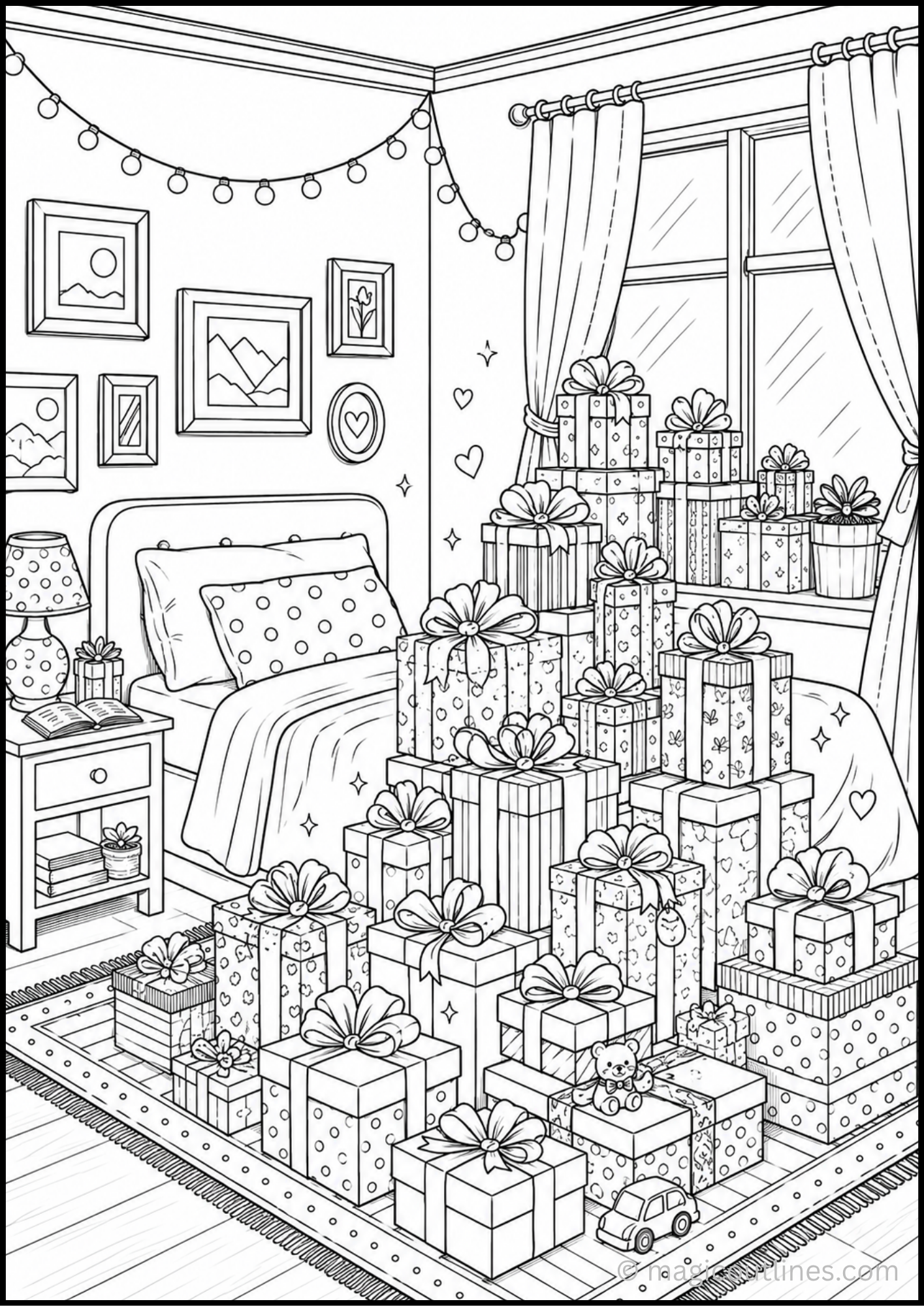 Cute gift-filled bedroom coloring page with presents, cozy bed, and room decorations line art