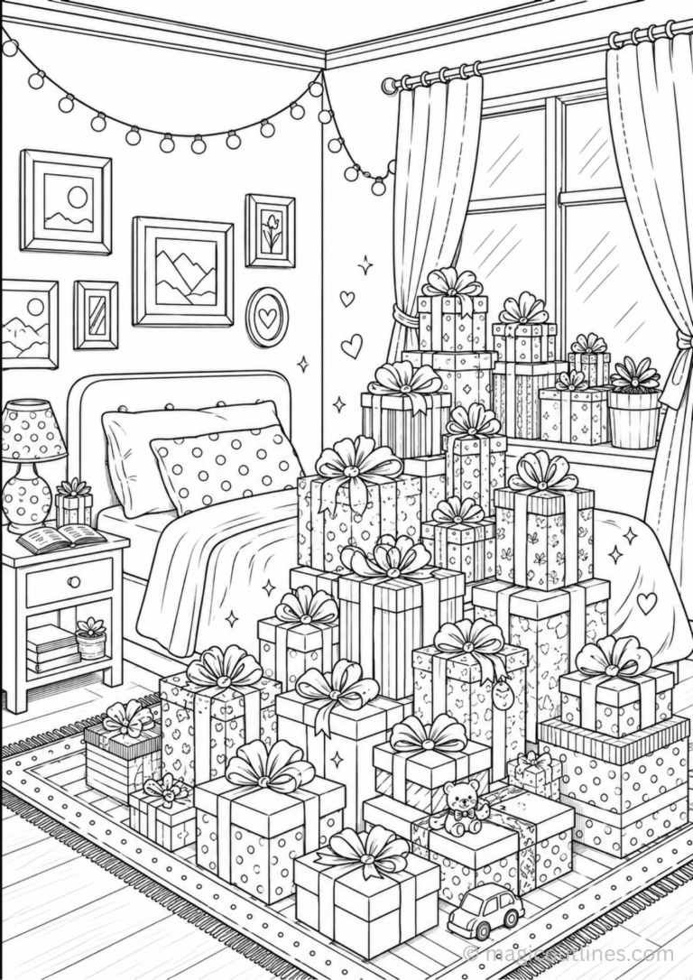 Cute gift-filled bedroom coloring page with presents, cozy bed, and room decorations line art