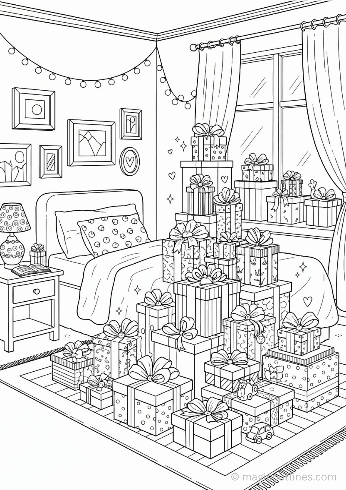 gift-filled bedroom coloring page with presents and cozy room for kids