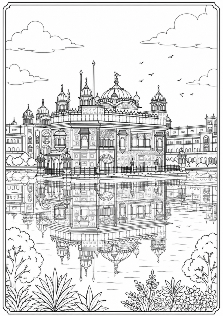 Golden Temple Amritsar coloring page featuring detailed Sikh temple architecture with water reflection and decorative borders.