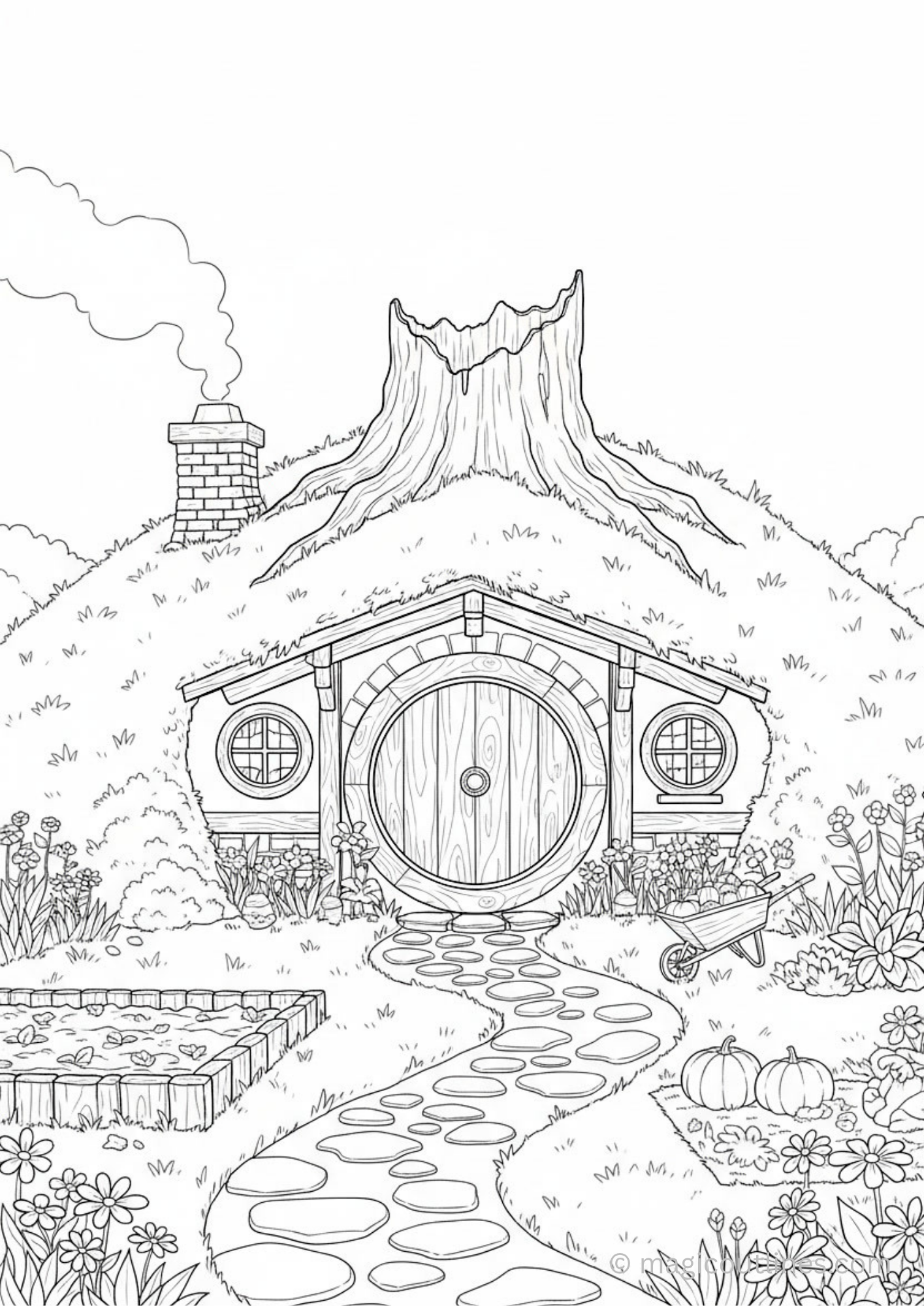 Hobbit hole home coloring page with round wooden door, grassy roof, flowers, and fantasy cottage line art.