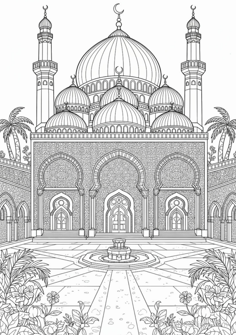 Detailed Islamic mosque architecture coloring page featuring domes, arches, minarets, courtyard fountain, and decorative patterns.
