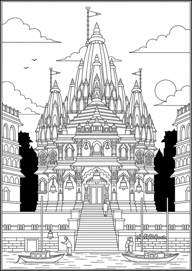 Detailed Kashi Vishwanath Temple coloring page printable for kids and adults