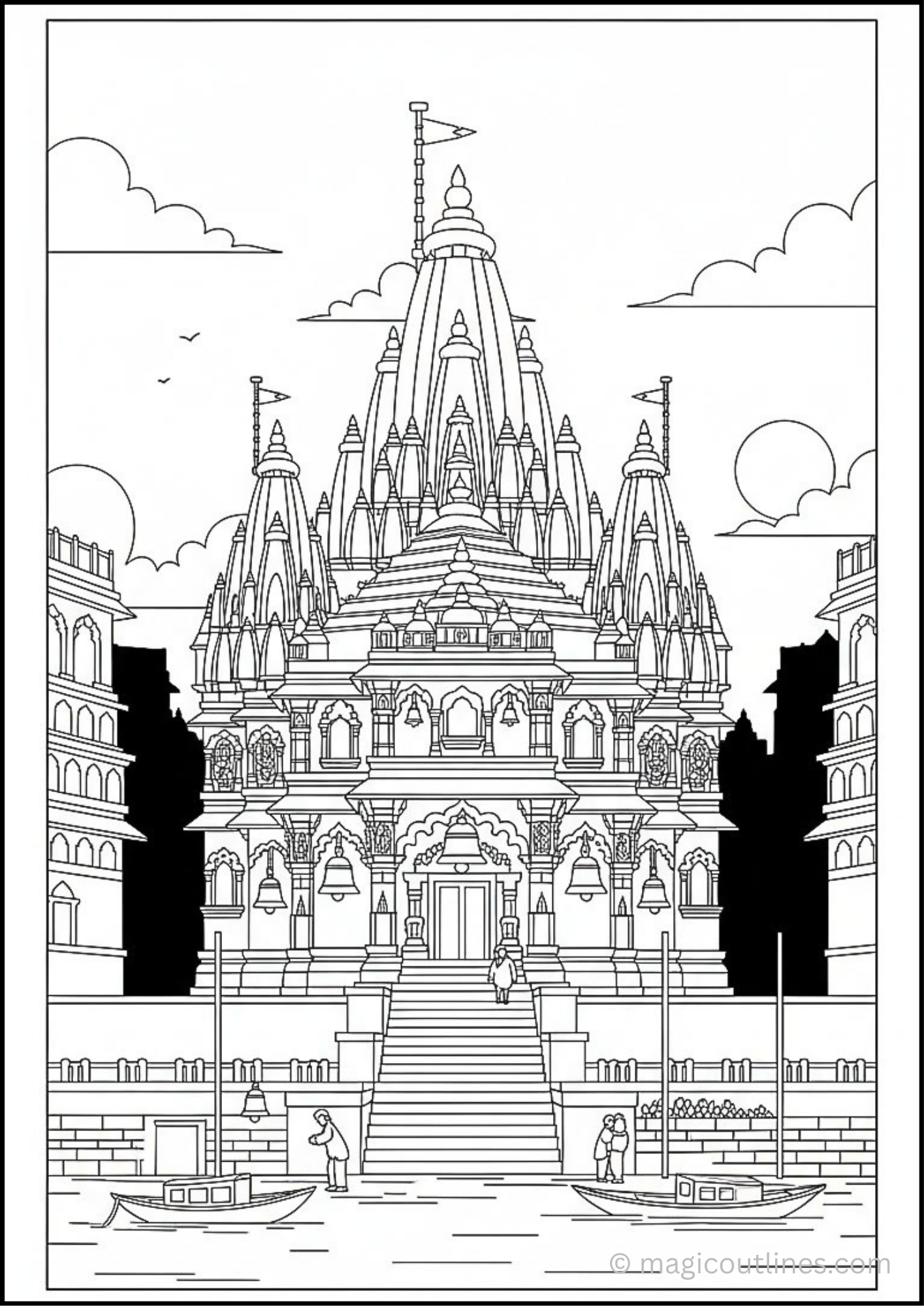 Detailed Kashi Vishwanath Temple coloring page printable for kids and adults