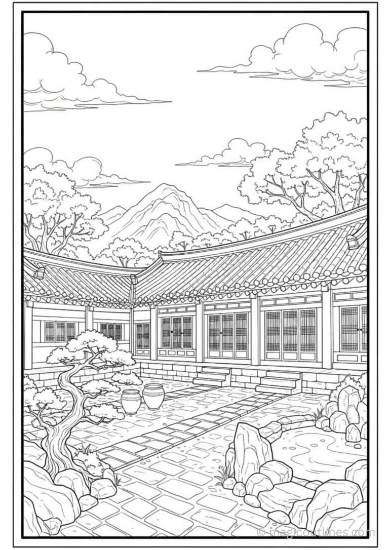 Korean Hanok house coloring page with traditional courtyard, tiled roof, mountains, and peaceful garden line art.
