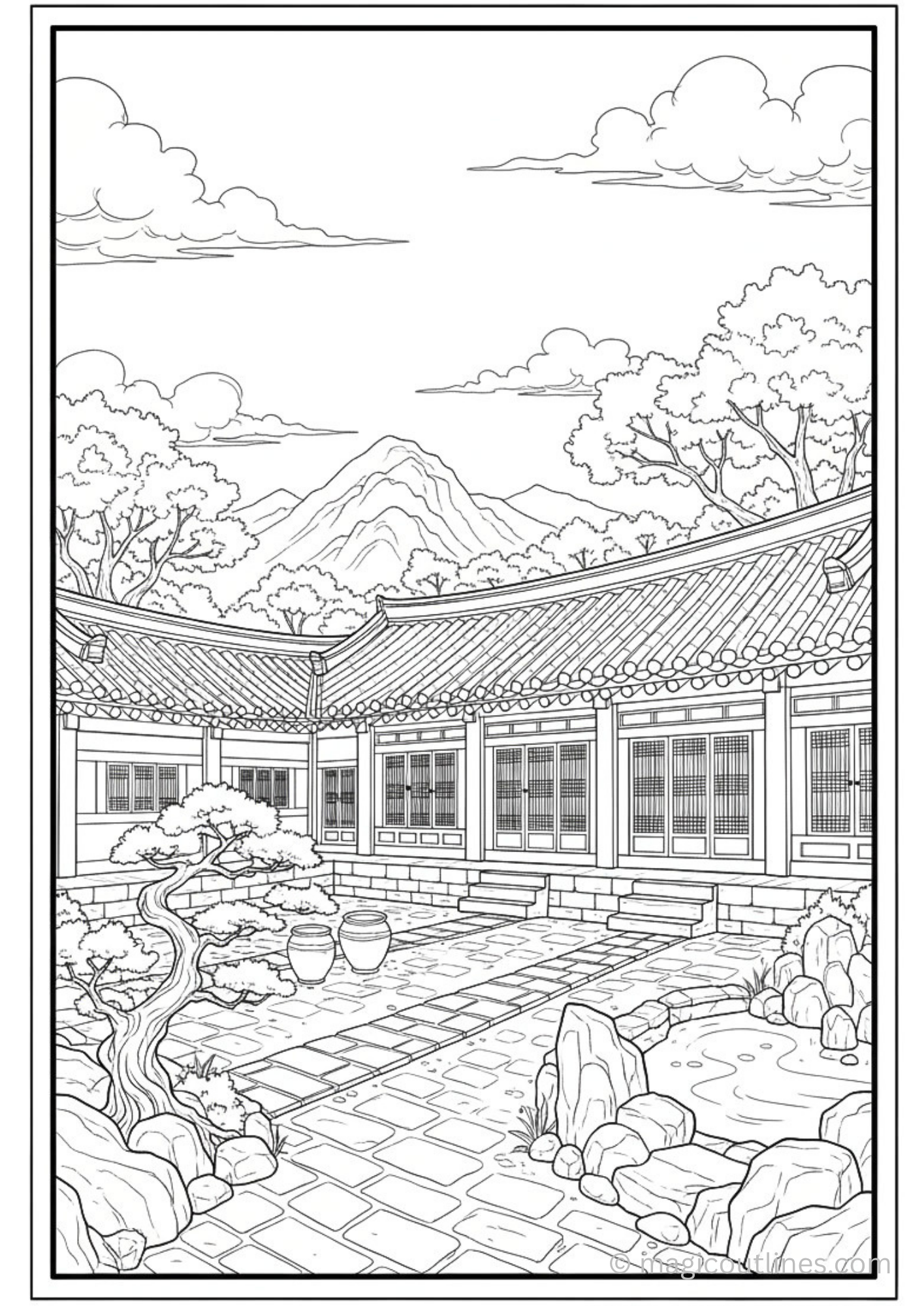 Korean Hanok house coloring page with traditional courtyard, tiled roof, mountains, and peaceful garden line art.