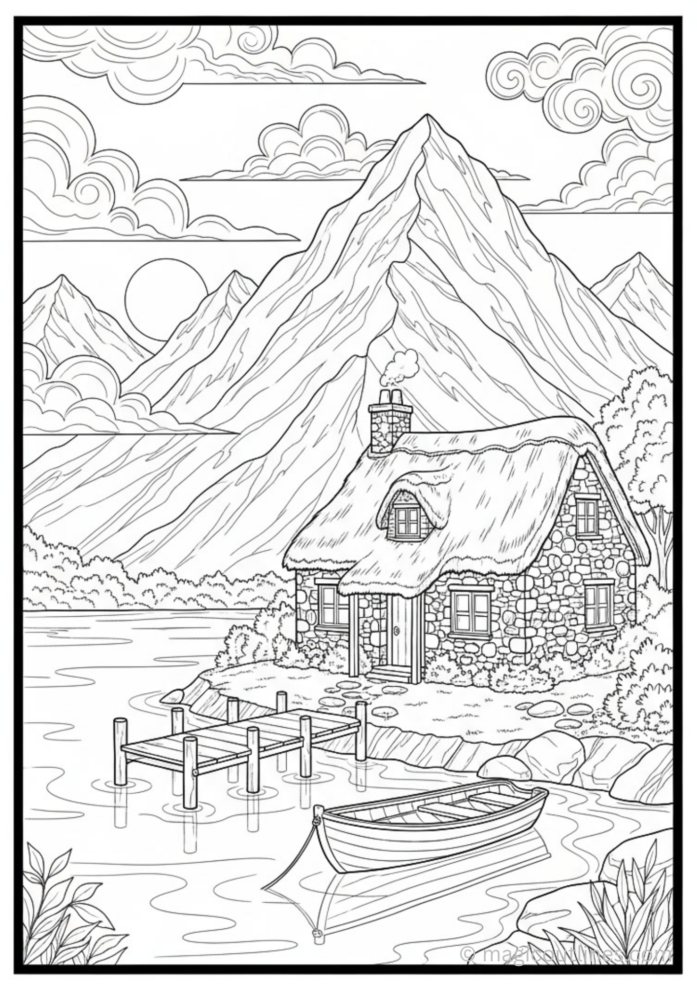 Lakeside stone cottage coloring page with mountains, lake, wooden dock, boat, and cozy cottage line art.