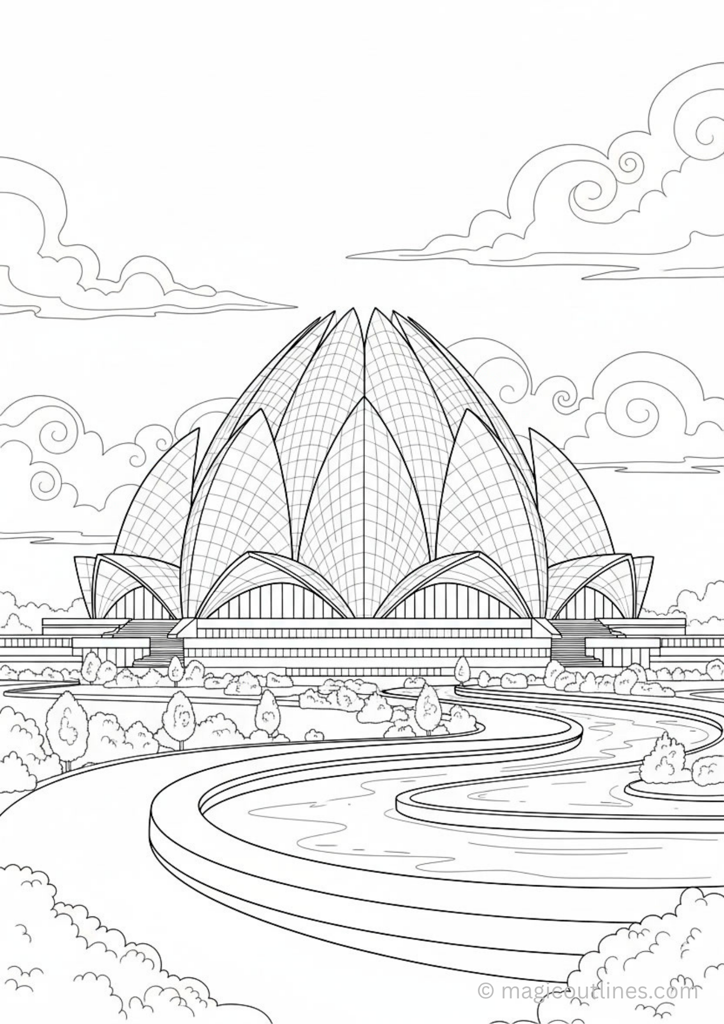 Lotus Temple coloring page with modern lotus-shaped architecture, pathways, gardens, and detailed line art.
