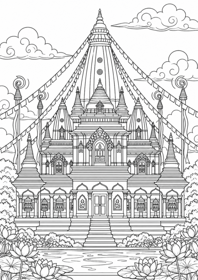 Detailed Lumbini Birthplace of Buddha coloring page printable for kids and adults