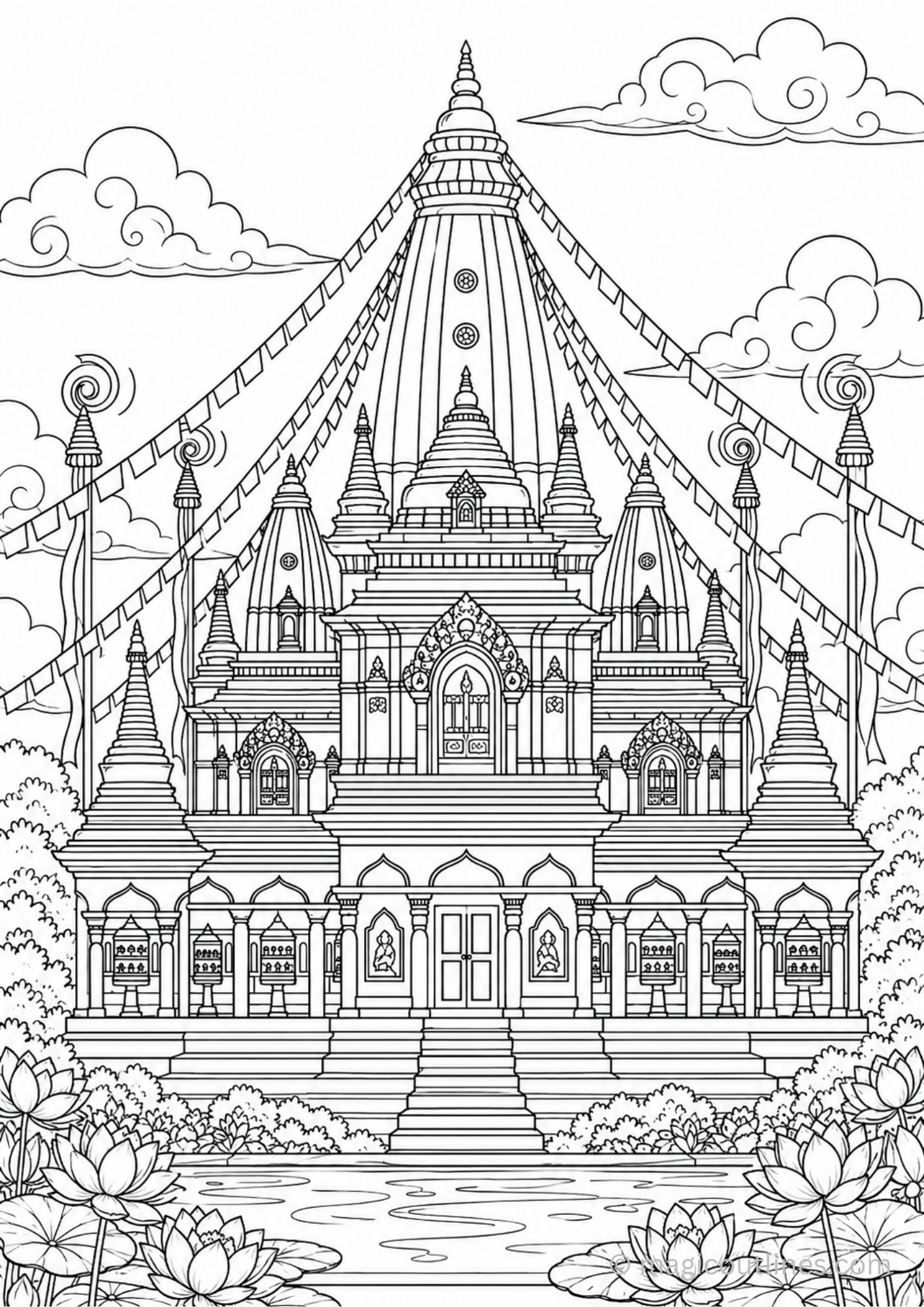 Detailed Lumbini Birthplace of Buddha coloring page printable for kids and adults