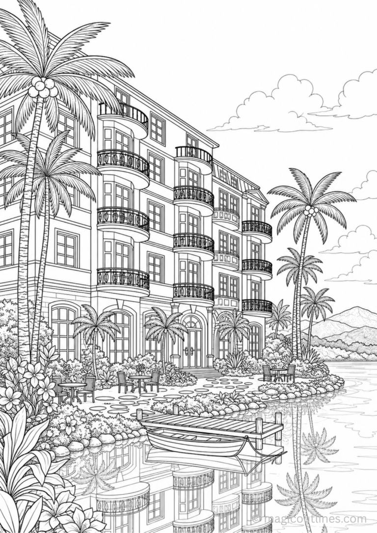Luxury beach resort coloring page with palm trees, lake, dock boat, and tropical hotel