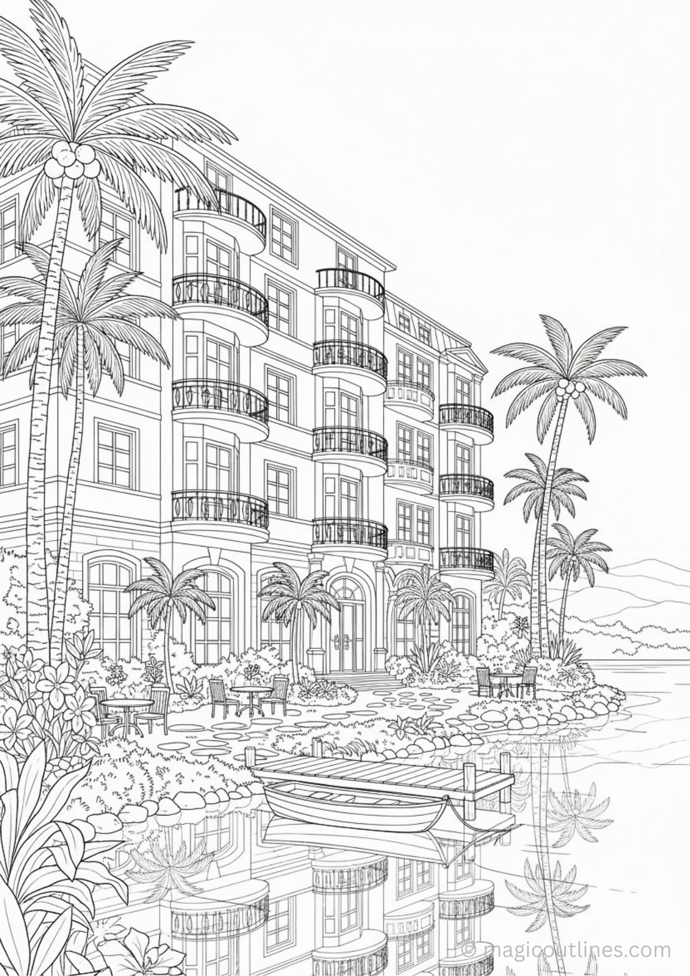 Luxury Beach resort coloring page with palm trees and water coloring page