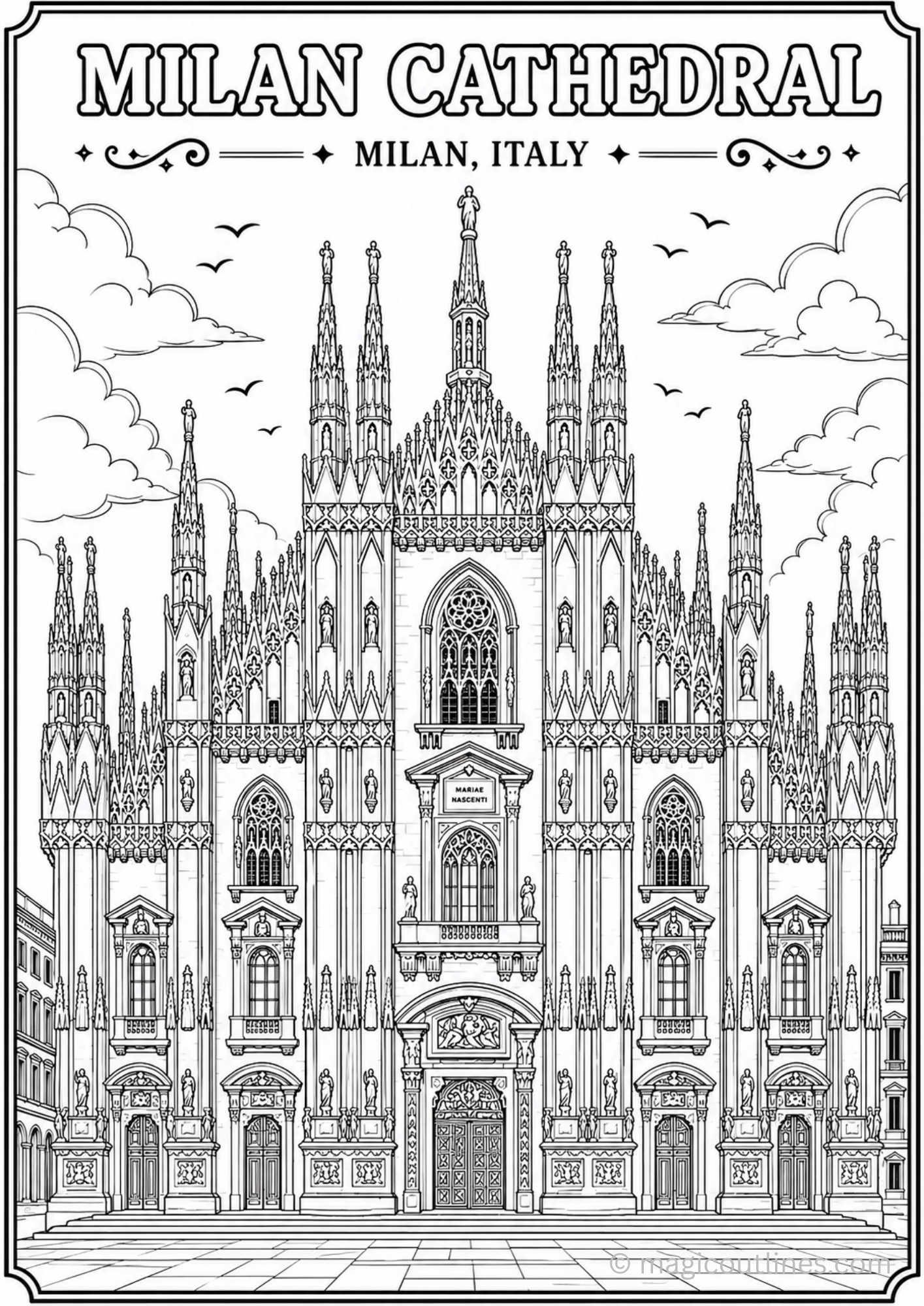 Detailed Milan Cathedral religious coloring page printable for kids and adults