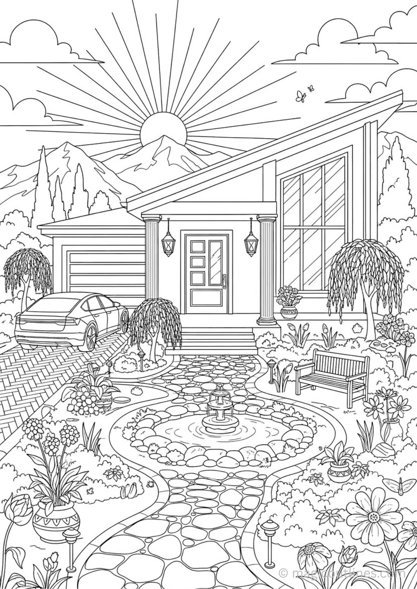 Modern dream home with garden, fountain, and car coloring page for kids