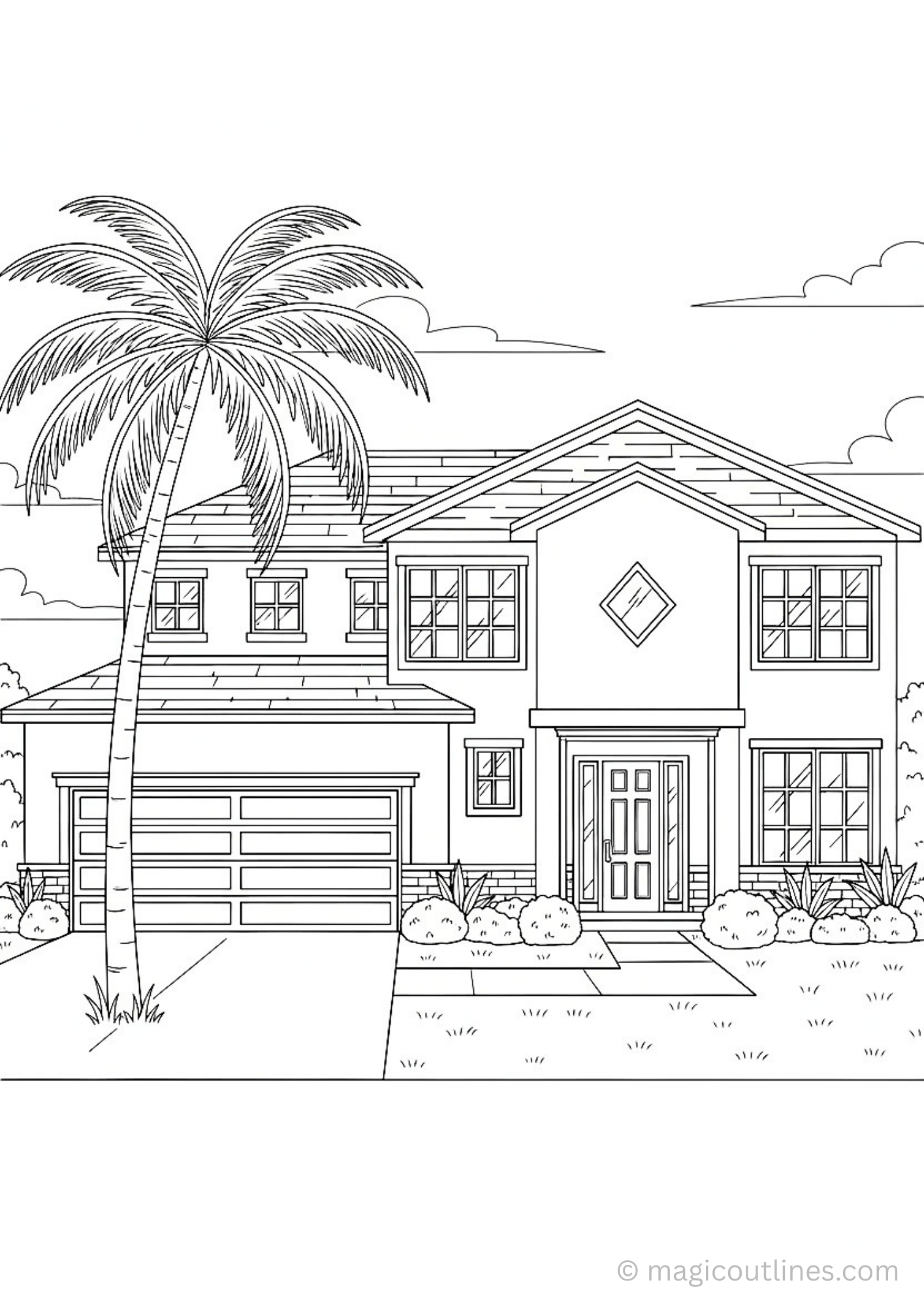 modern house exterior coloring page with palm tree and garden