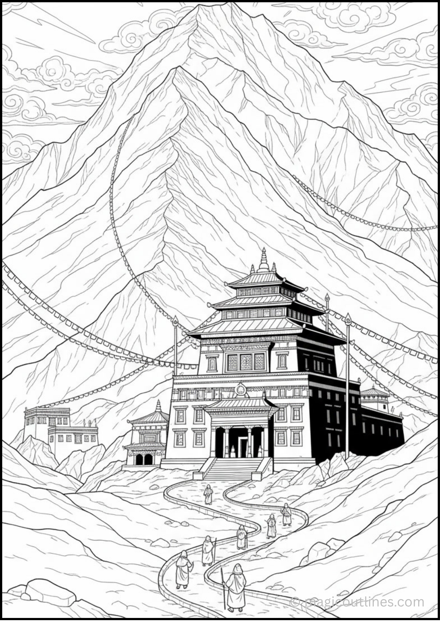 Detailed Mount Kailash Sacred Mountain coloring page printable for kids and adults
