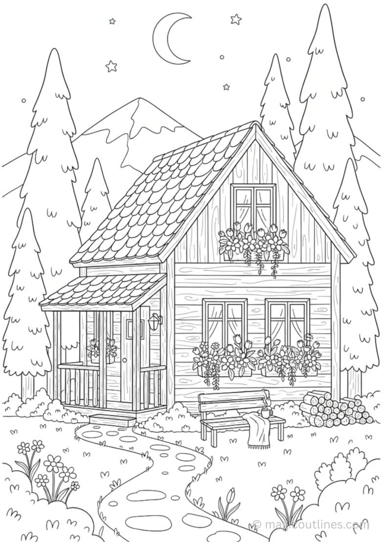 Mountain cabin coloring page featuring a cozy wooden house, pine trees, flowers, mountains, moon, and peaceful forest scenery.