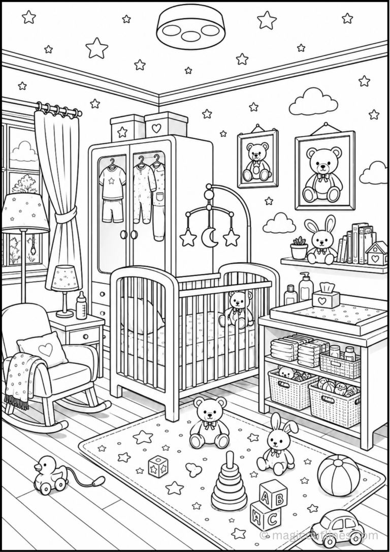 nursery room coloring page with bed, toys, decorations, and cozy bedroom details for kids coloring.
