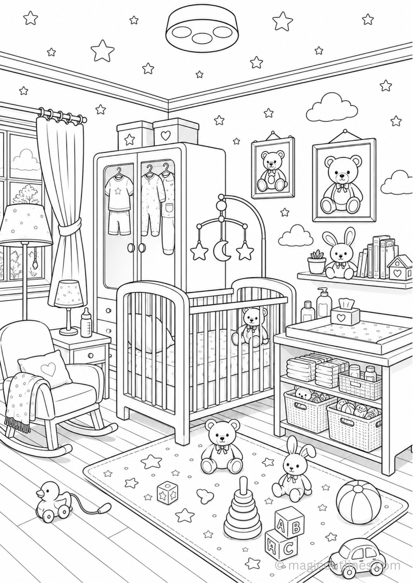 Cute nursery room with bed, toys, decorations, and cozy bedroom details for kids coloring.