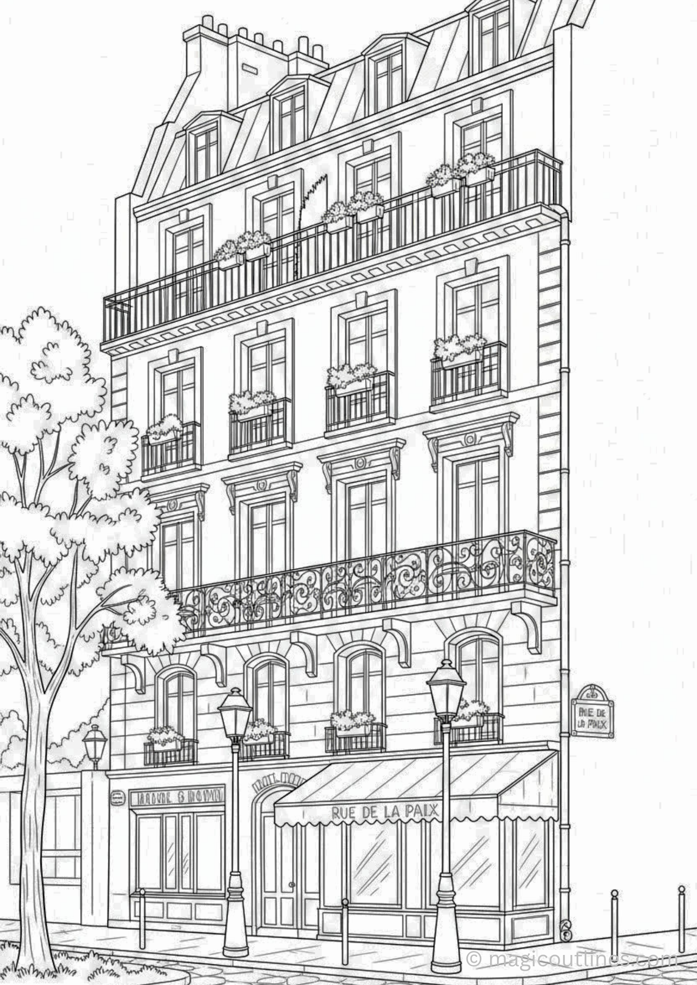 Parisian apartment coloring page with elegant balconies, flower boxes, street lamps, and printable line art.