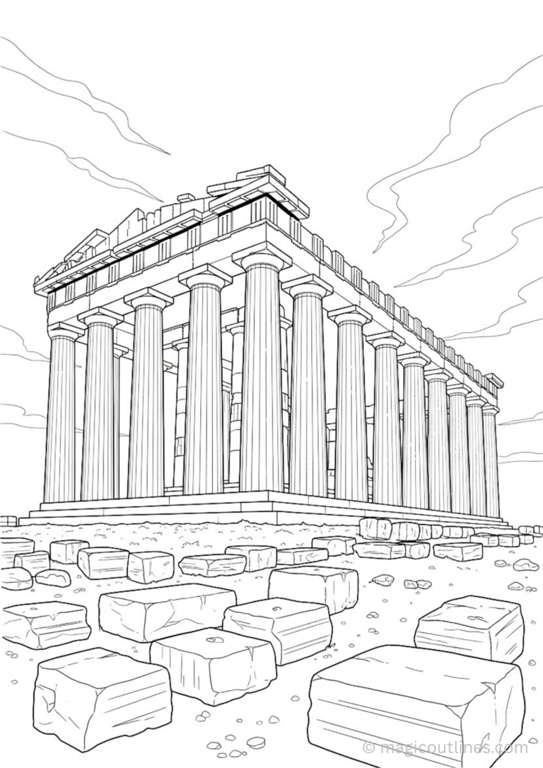 Ancient Greek Parthenon temple coloring page with large stone columns