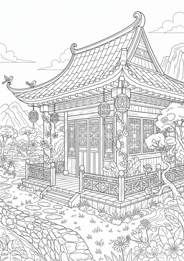 Peaceful Asian temple garden coloring page with lanterns, flowers, and curved roof