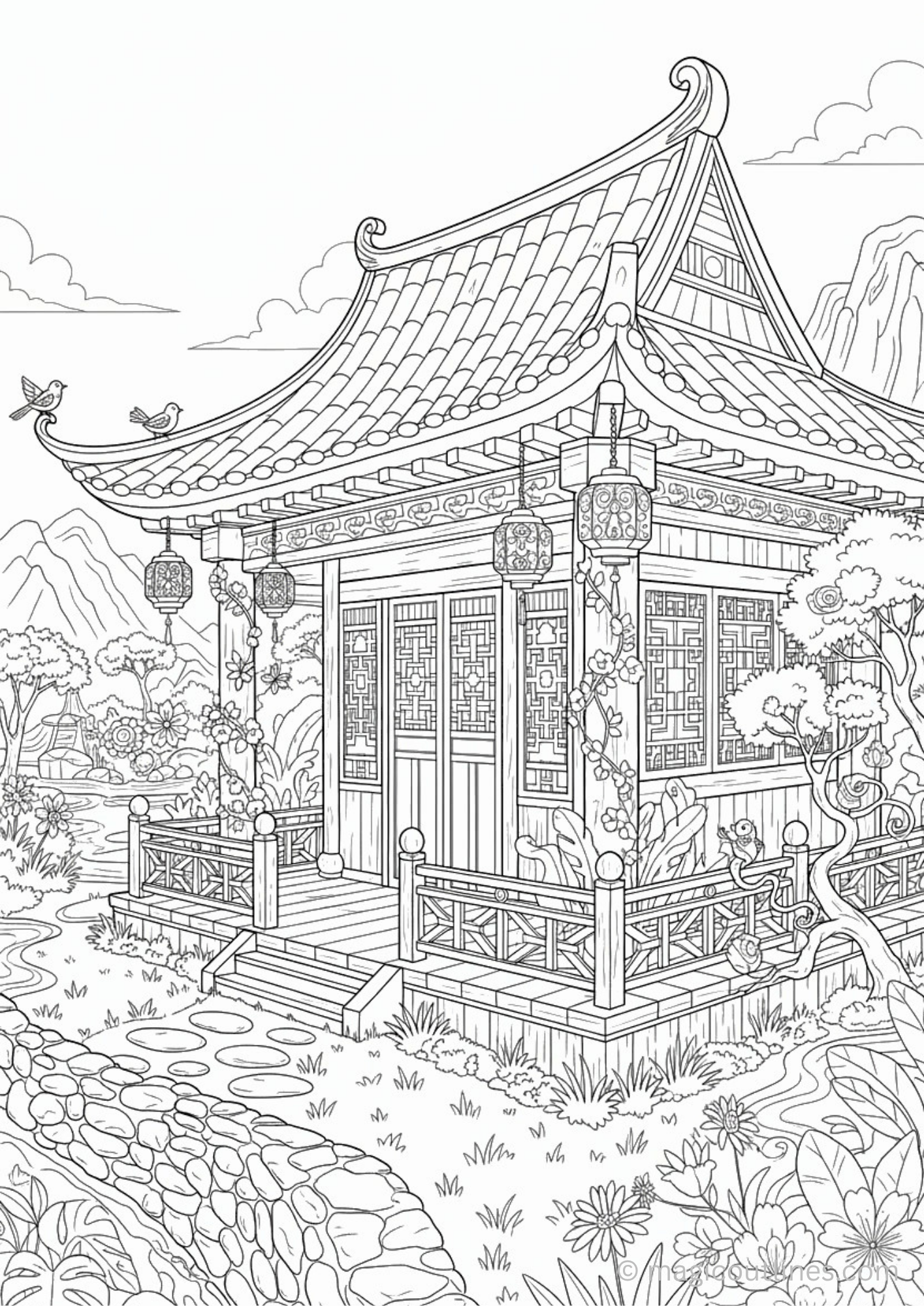 Peaceful Asian temple garden coloring page with lanterns, flowers, and curved roof