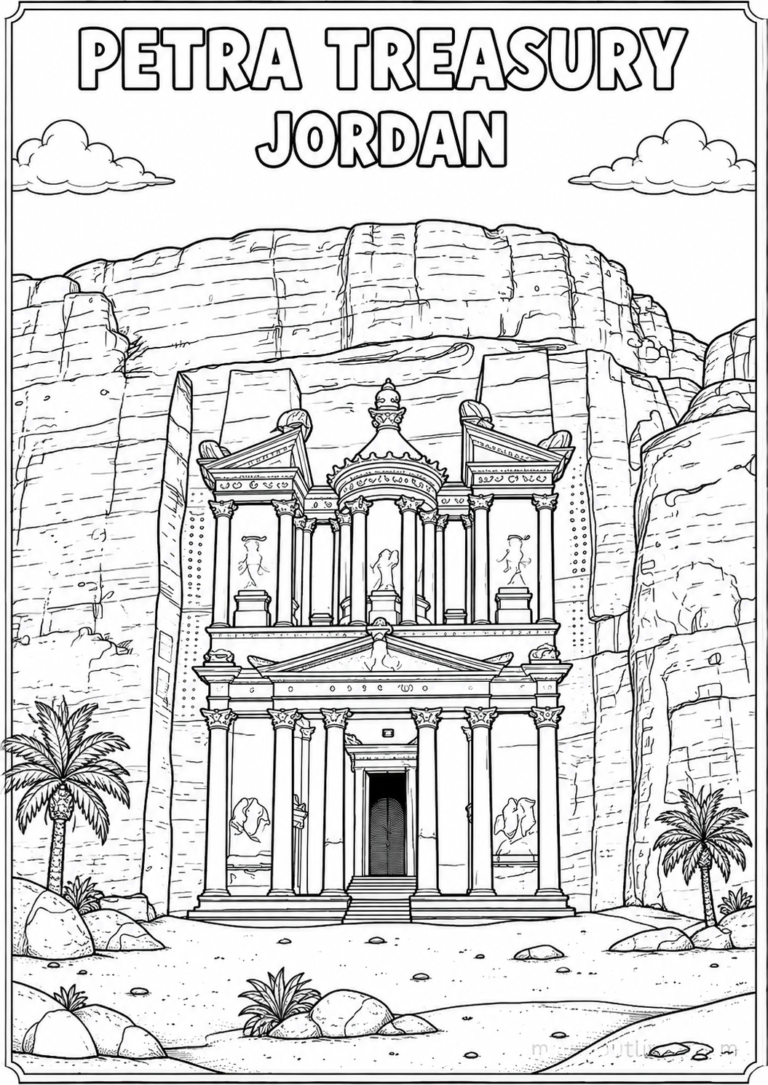 Detailed Petra Treasury Sacred Site coloring page printable for kids and adults