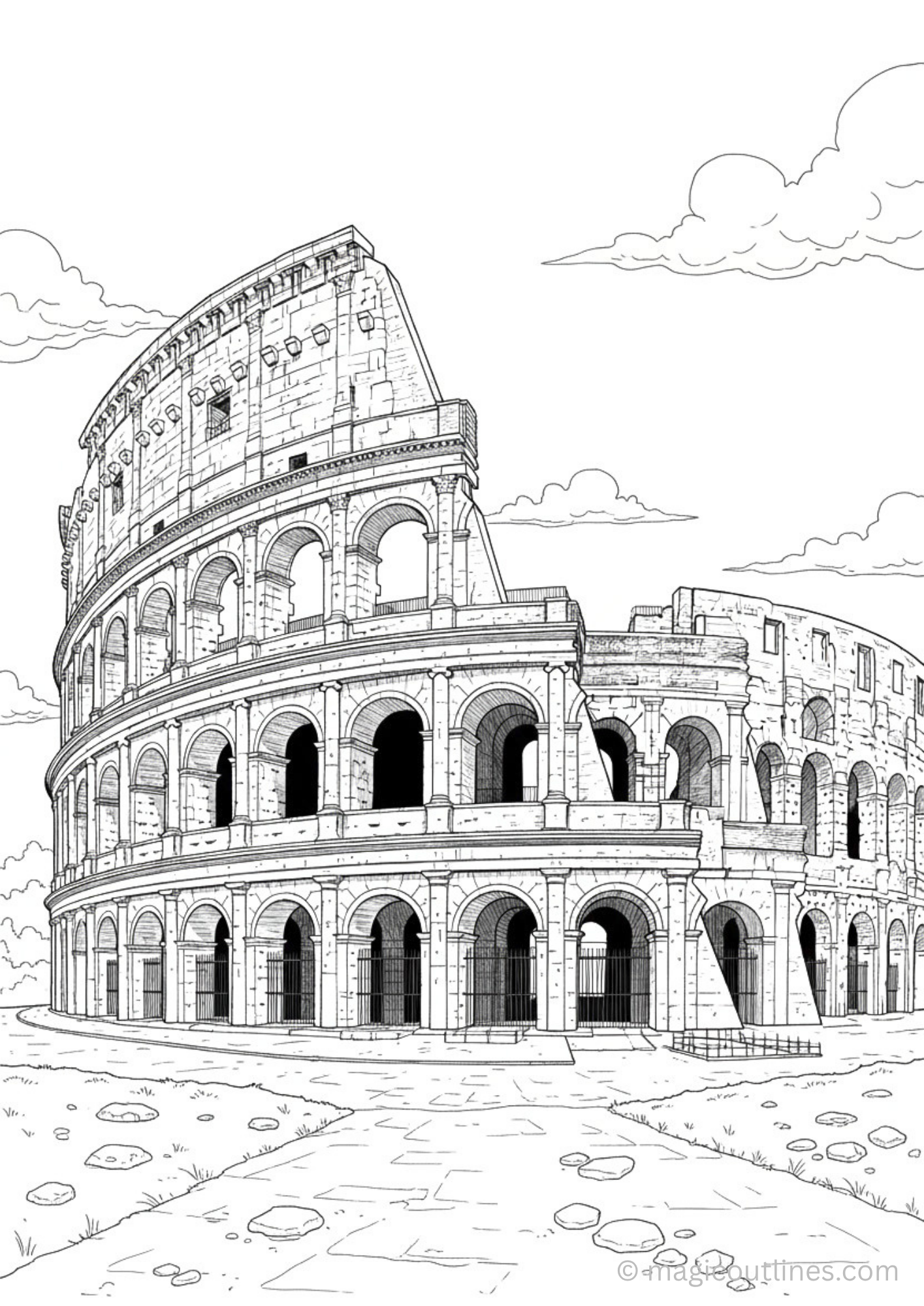 Roman Colosseum coloring page featuring detailed ancient Roman architecture and arches.