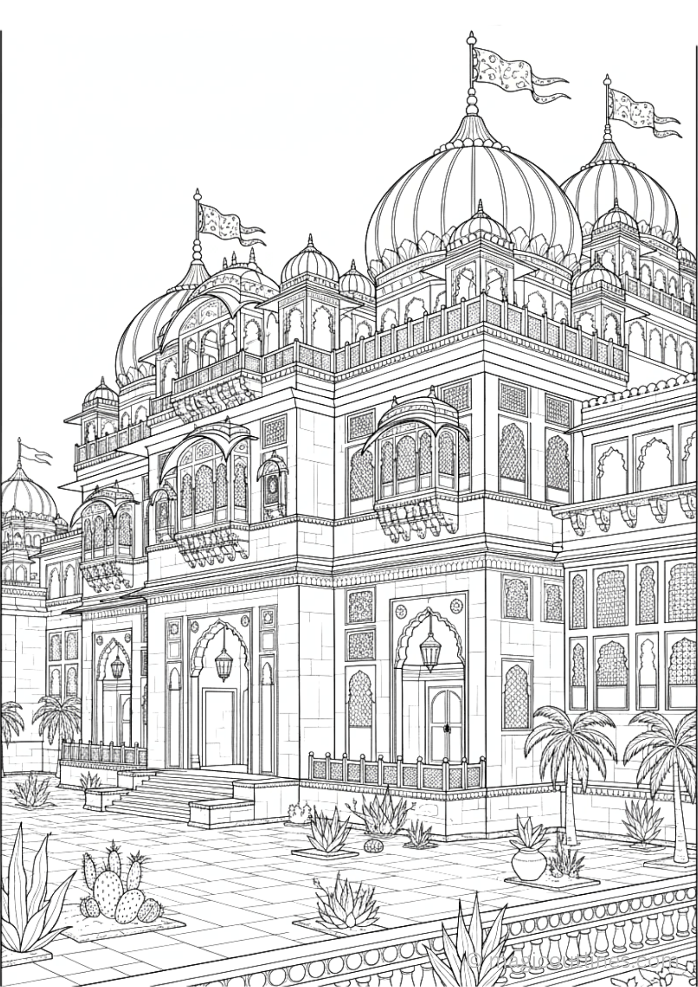 Royal Mughal palace coloring page with domes, arches, and courtyard