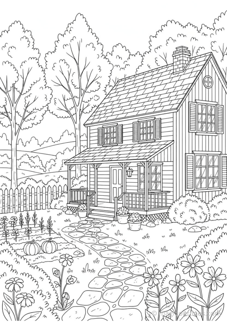 rustic farmhouse garden coloring page with flowers and pathway