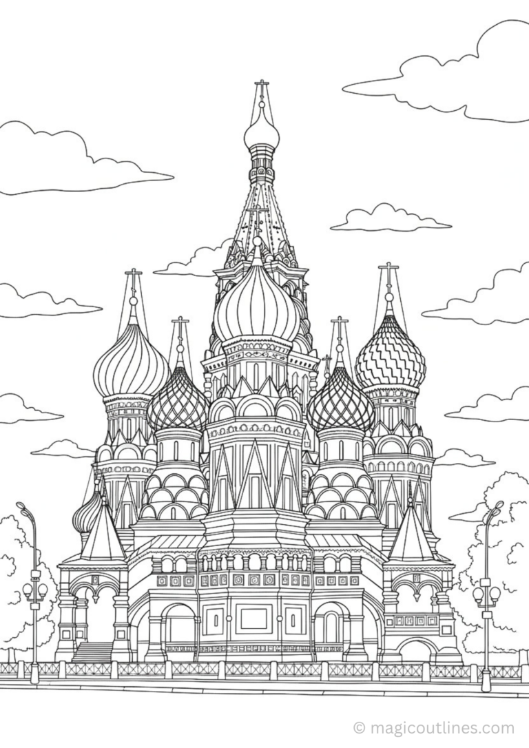 Detailed Saint Basil’s Cathedral coloring page with Russian architecture and onion domes printable PDF.