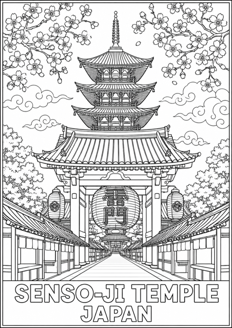Detailed Senso-ji Temple Japan coloring page with pagoda, cherry blossoms, lantern gate, and traditional Japanese architecture.