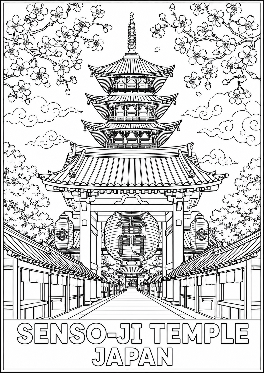 Detailed Senso-ji Temple Japan coloring page with pagoda, cherry blossoms, lantern gate, and traditional Japanese architecture.