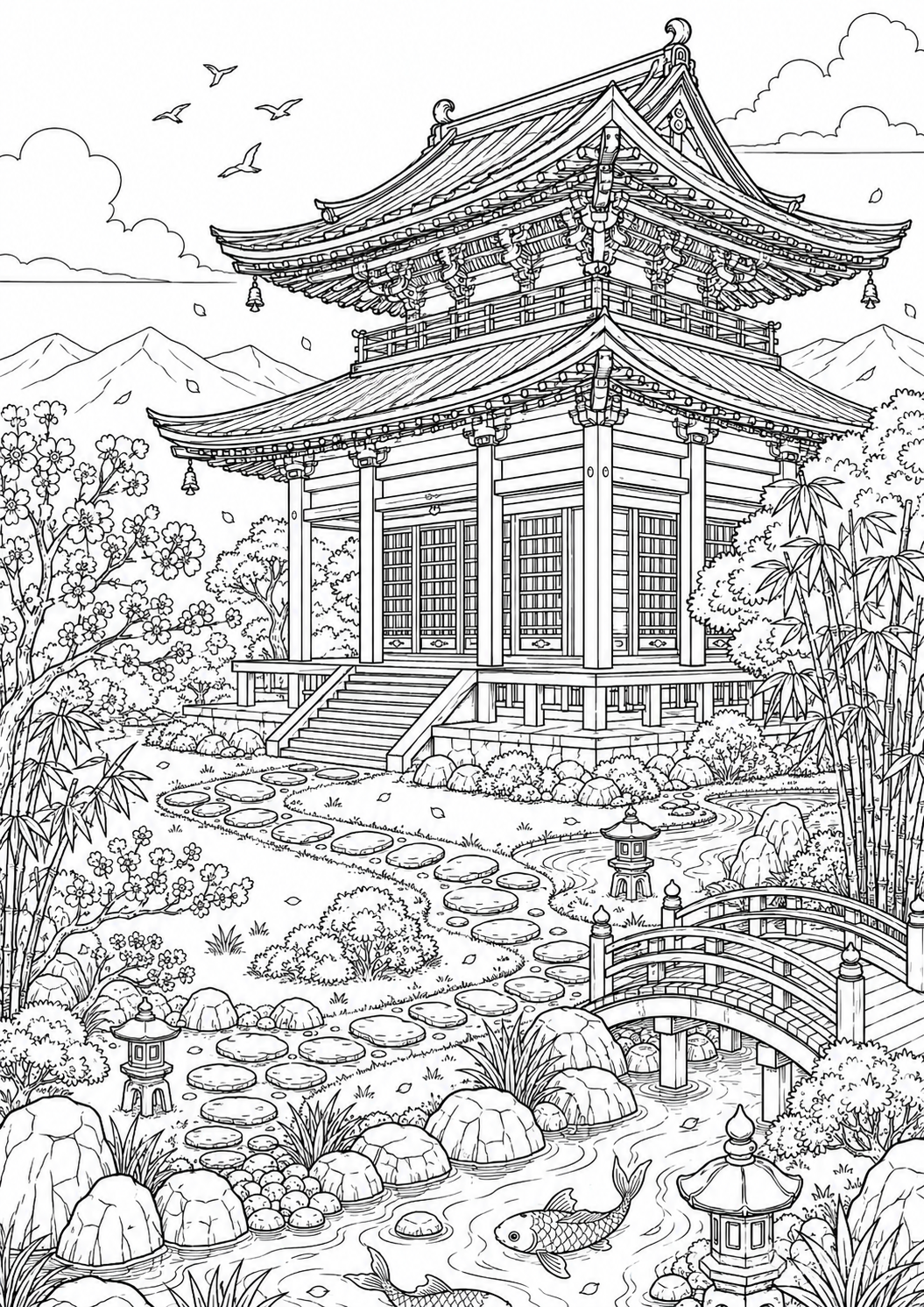 Detailed Serene Japanese Temple Garden Coloring Page with bridge, koi fish, bamboo, and traditional temple