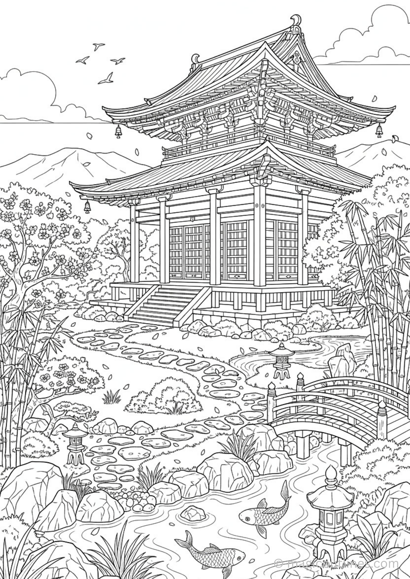 Serene Japanese temple garden coloring page with bridge, koi pond, and trees