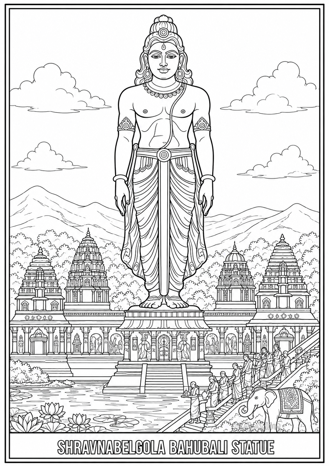Shravanabelagola Bahubali Statue detailed coloring page printable for kids and adults