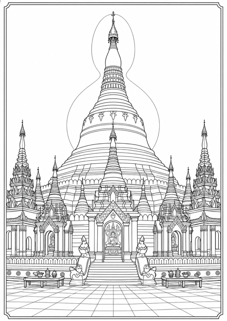 Detailed Shwedagon Pagoda coloring page featuring a grand Buddhist temple with ornate spires, symmetrical architecture, guardian statues, tiled courtyard, and traditional Myanmar temple design in clean black-and-white line art.