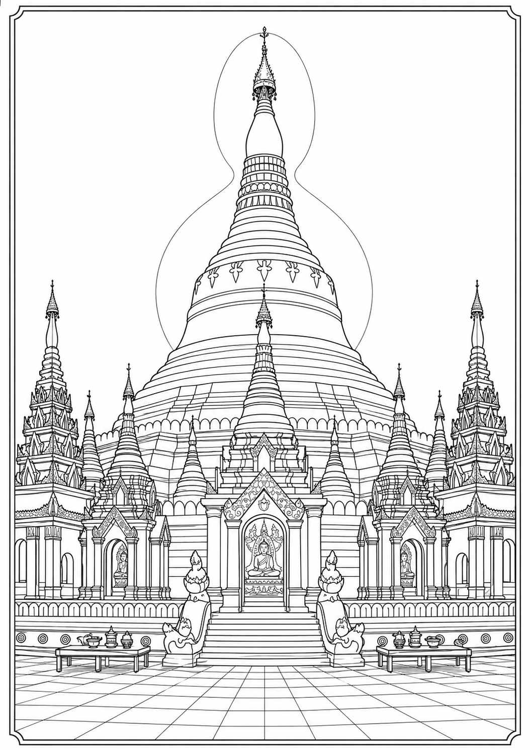 Detailed Shwedagon Pagoda coloring page featuring a grand Buddhist temple with ornate spires, symmetrical architecture, guardian statues, tiled courtyard, and traditional Myanmar temple design in clean black-and-white line art.