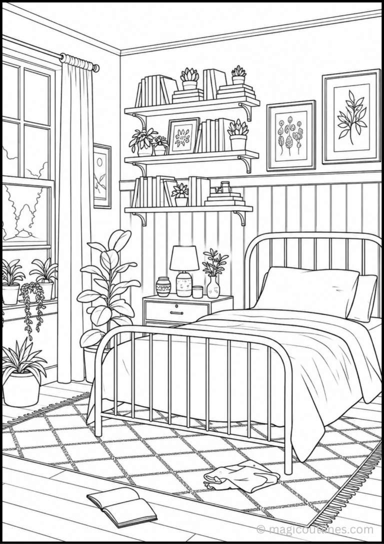 Sunlit Botanical Bedroom Coloring Page featuring a cozy bedroom with plants, bookshelves, window, and modern décor.