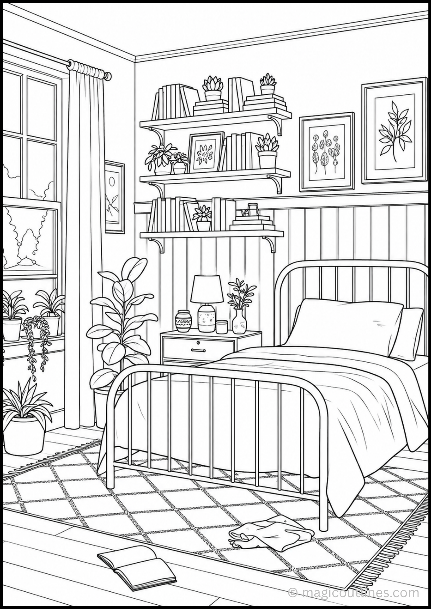 Sunlit Botanical Bedroom Coloring Page featuring a cozy bedroom with plants, bookshelves, window, and modern décor.
