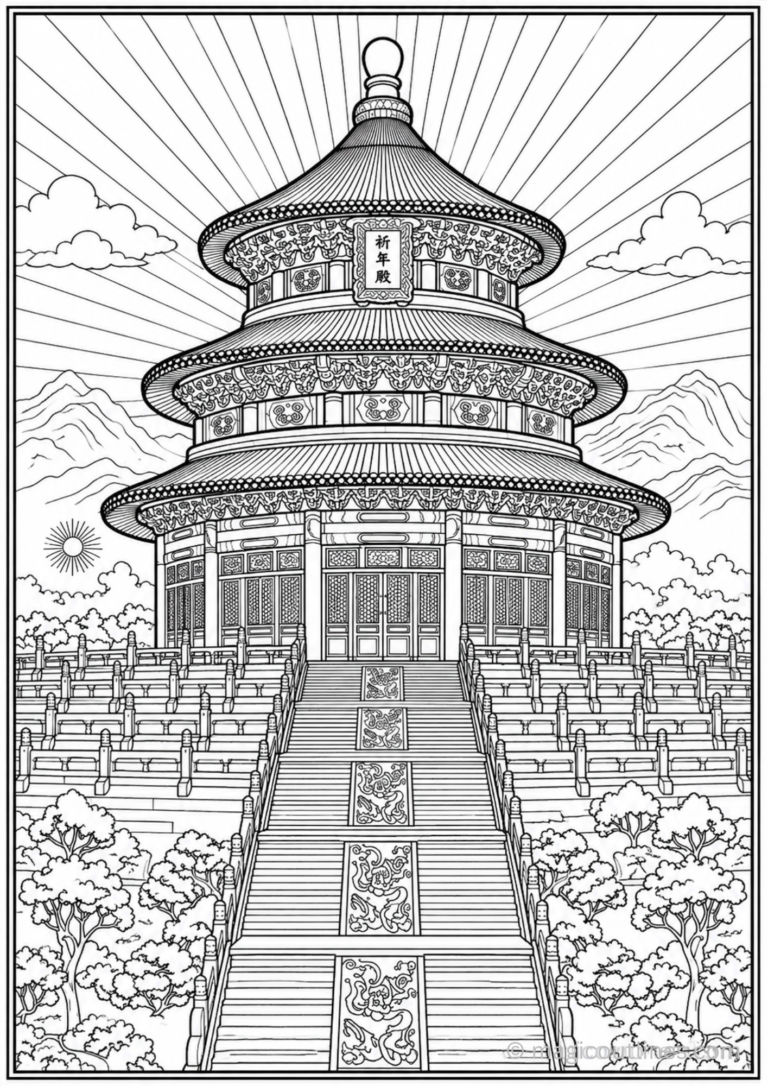Temple of Heaven China printable coloring page with detailed Chinese temple architecture and stairs.
